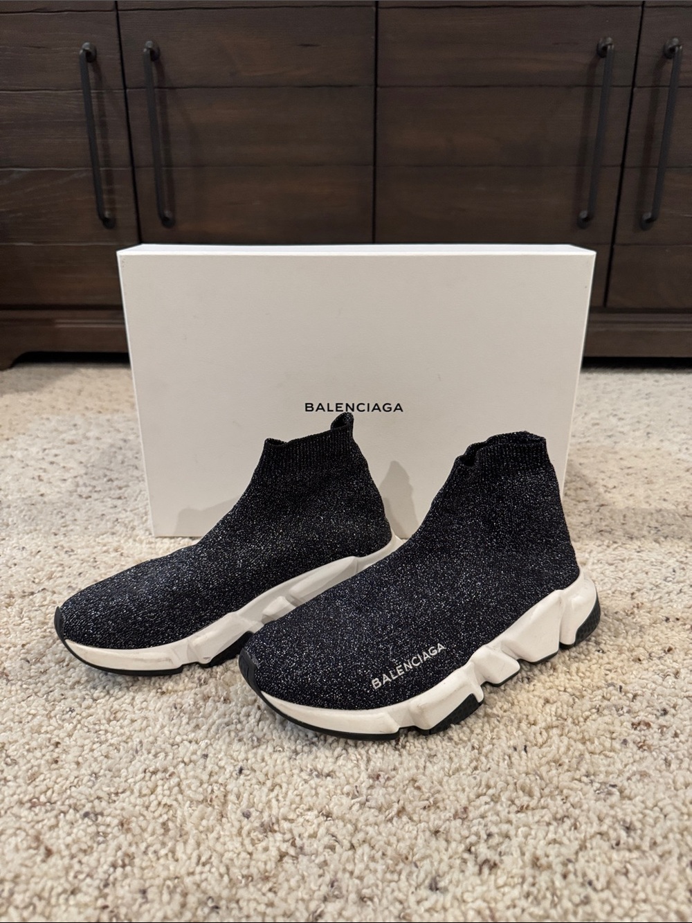 Balenciaga women’s Black Sparkle Sock Sneakers with White Sole
